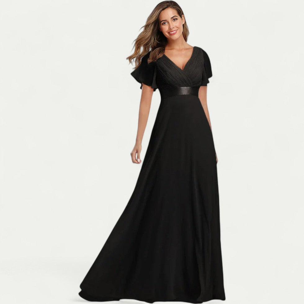V Neck Chiffon Evening Dress with Flutter Sleeves for Formal Events