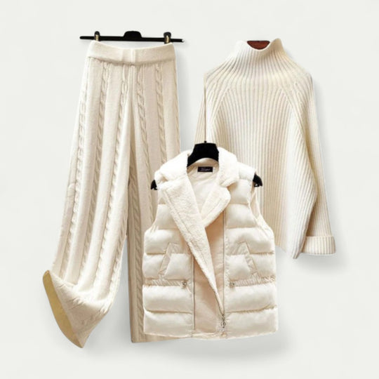 Knitted Three Piece Set with Turtleneck and Puffer Vest