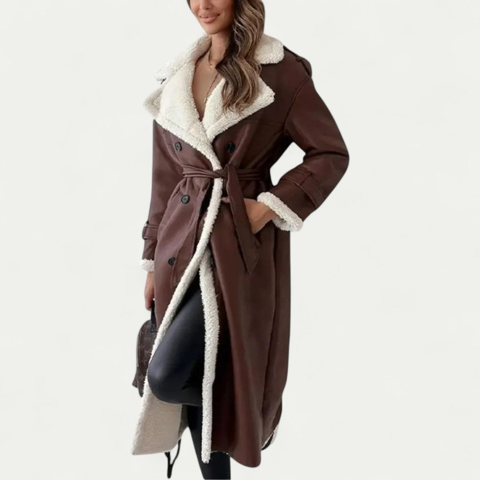 Long Faux Shearling Lined Winter Trench Coat for Women