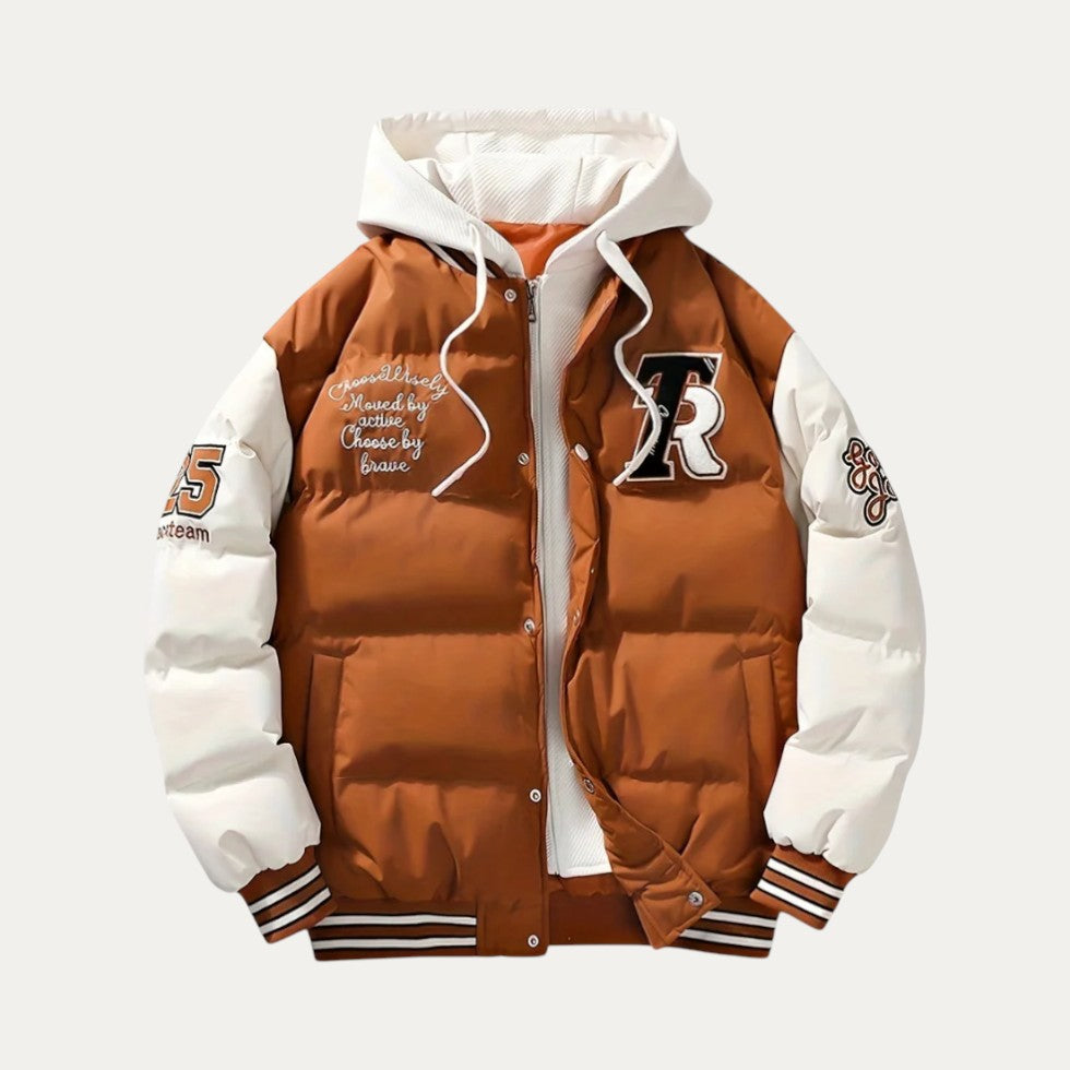 Varsity Puffer Jacket with Hood for Men