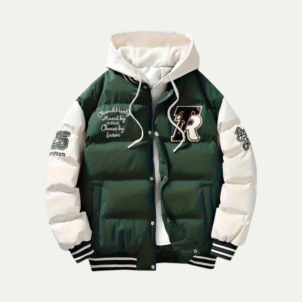 Varsity Puffer Jacket with Hood for Men