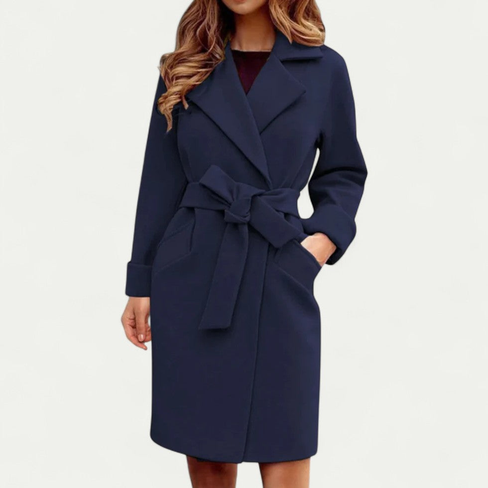 Women Belted Wool Blend Long Sleeve Elegant Trench Coat