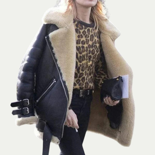 Women Faux Shearling Lined Aviator Biker Winter Jacket