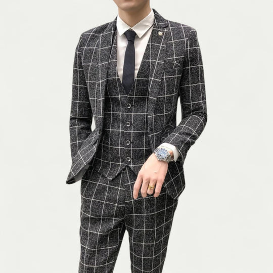 Three Piece Checked Slim Fit Suit with Waistcoat