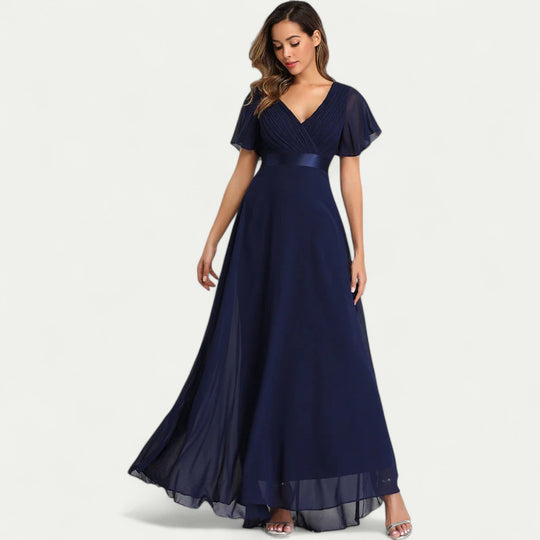 V Neck Chiffon Evening Dress with Flutter Sleeves for Formal Events