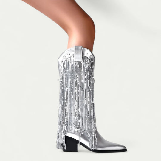 Orthopedic Silver Western Cowboy Boots with Fringe Detail