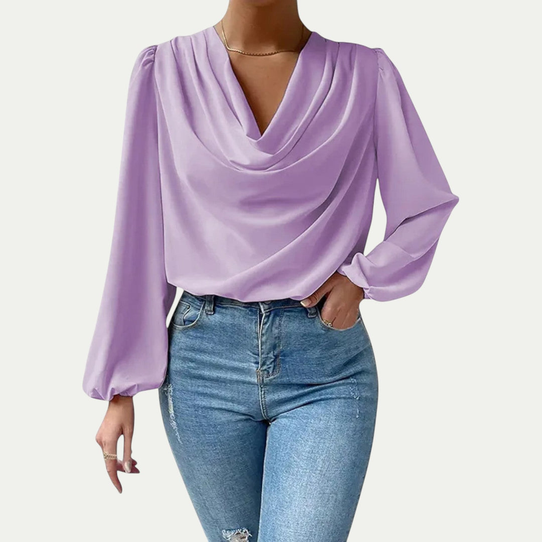 Women Loose Fit Chiffon V Neck Long Sleeve Blouse