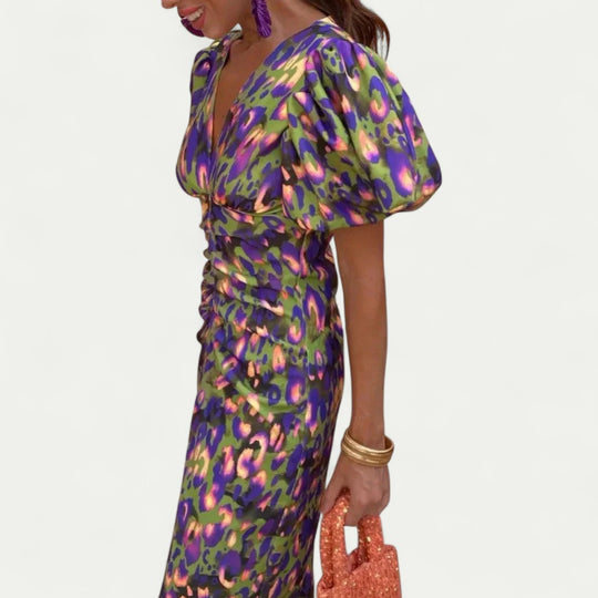 Ruched Puff Sleeve Midi Dress for Summer Weddings