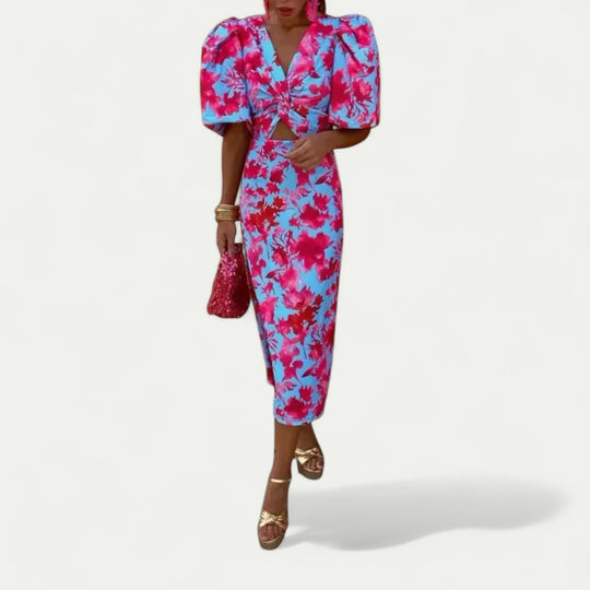 Ruched Puff Sleeve Midi Dress for Summer Weddings