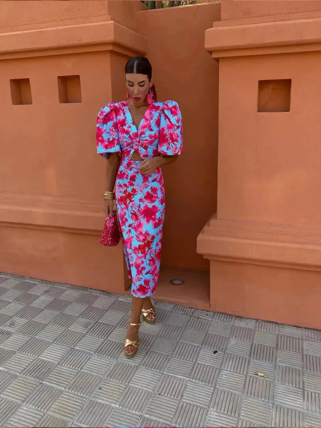 Ruched Puff Sleeve Midi Dress for Summer Weddings