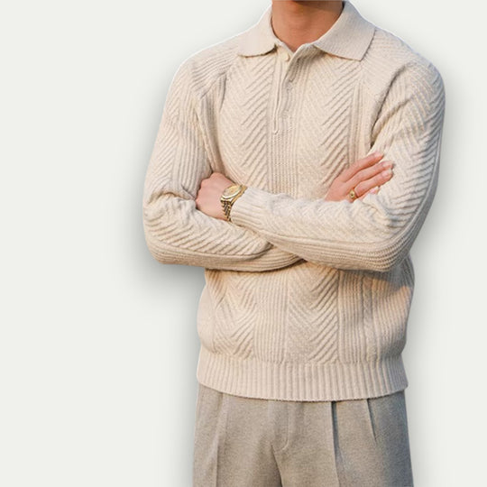 Randimo | Men's Textured Knitted Polo Sweater, Long-Sleeve Autumn Jumper