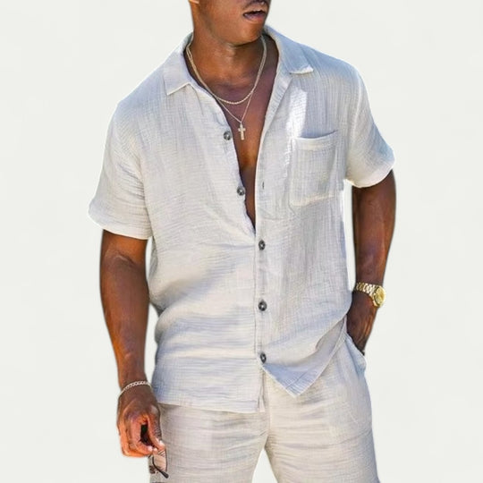 Men's Linen Blend Two Piece Set Short Sleeve Shirt and Shorts