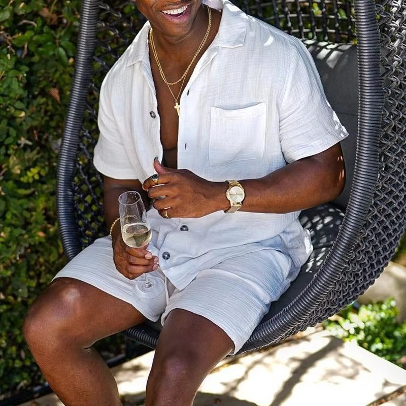 Men's Linen Blend Two Piece Set Short Sleeve Shirt and Shorts