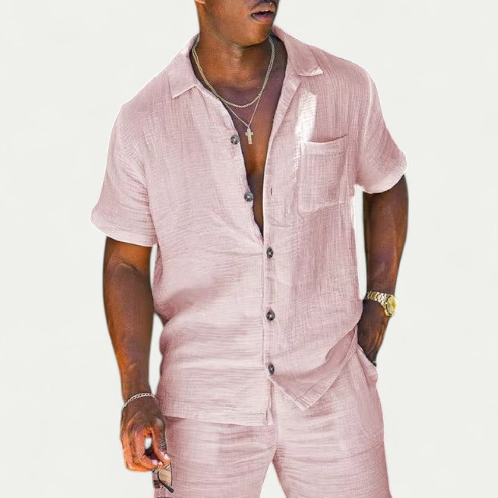 Men's Linen Blend Two Piece Set Short Sleeve Shirt and Shorts