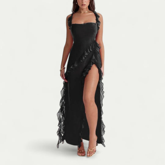 Ruffle Maxi Dress with Thigh High Front Slit