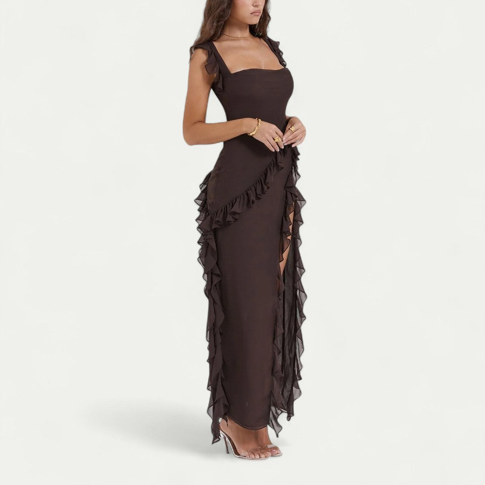 Ruffle Maxi Dress with Thigh High Front Slit
