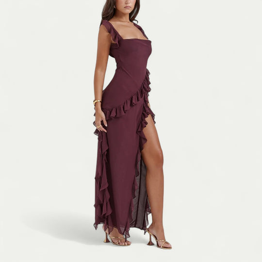 Ruffle Maxi Dress with Thigh High Front Slit