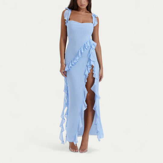 Ruffle Maxi Dress with Thigh High Front Slit