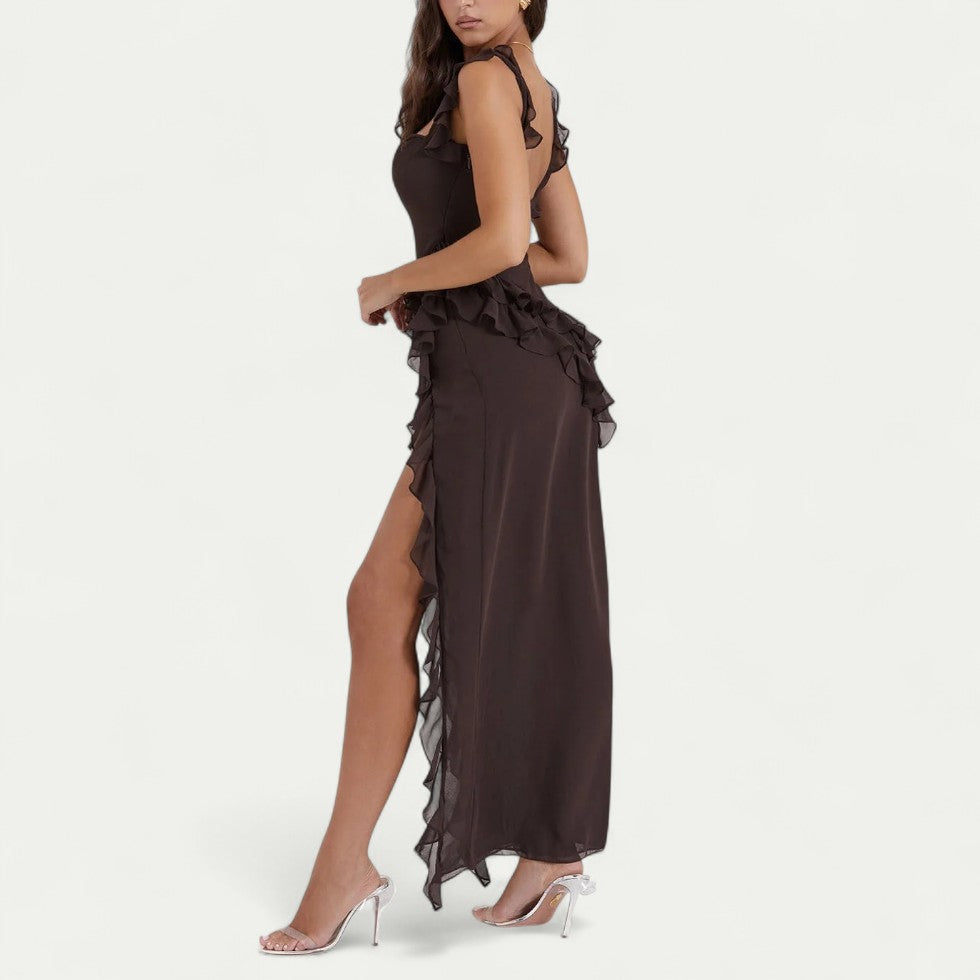 Ruffle Maxi Dress with Thigh High Front Slit
