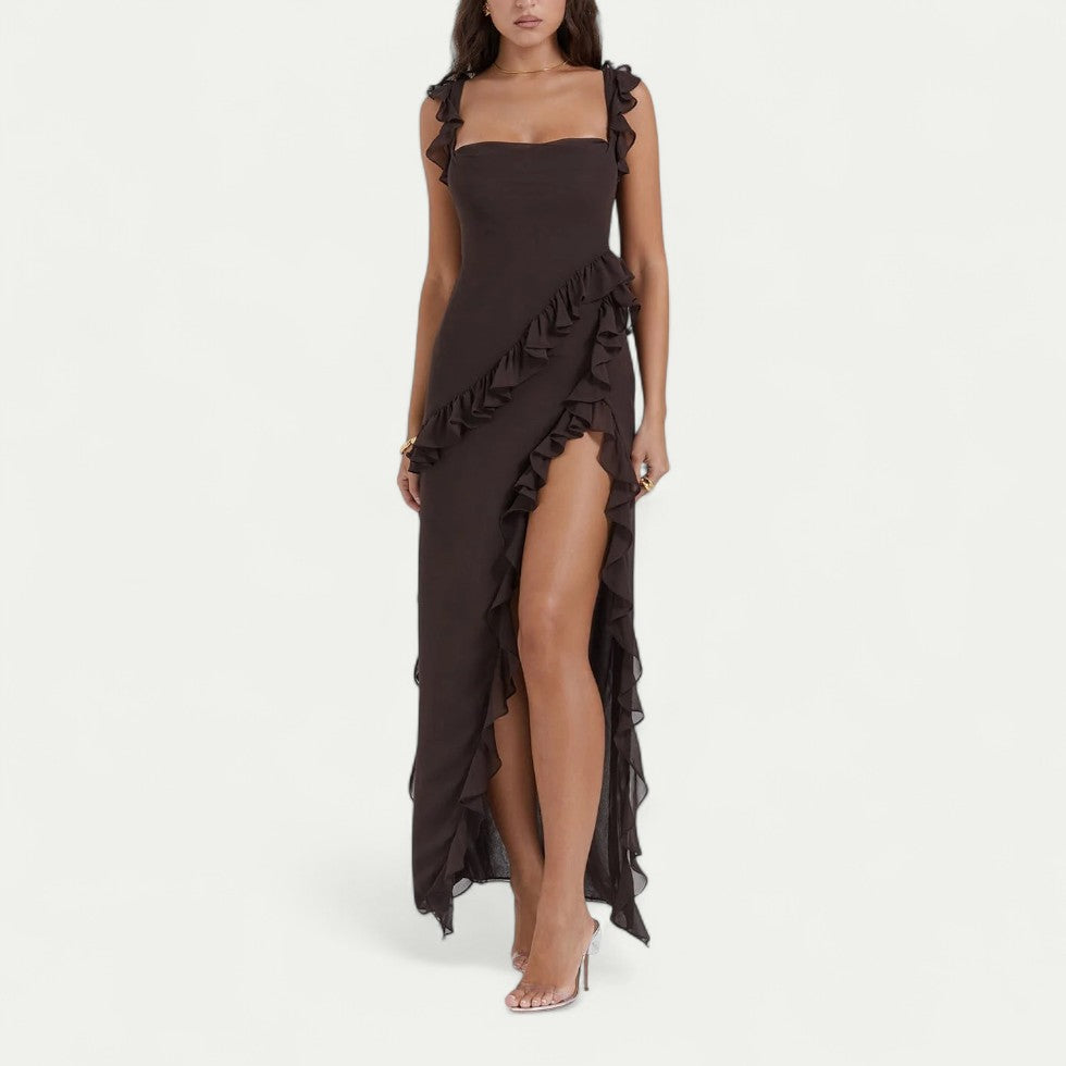Ruffle Maxi Dress with Thigh High Front Slit