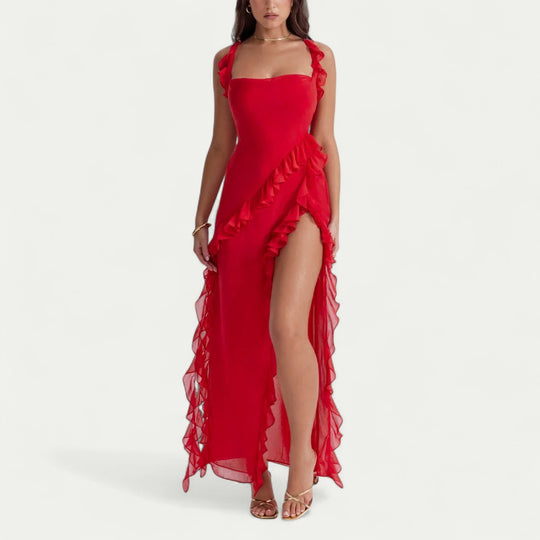 Ruffle Maxi Dress with Thigh High Front Slit