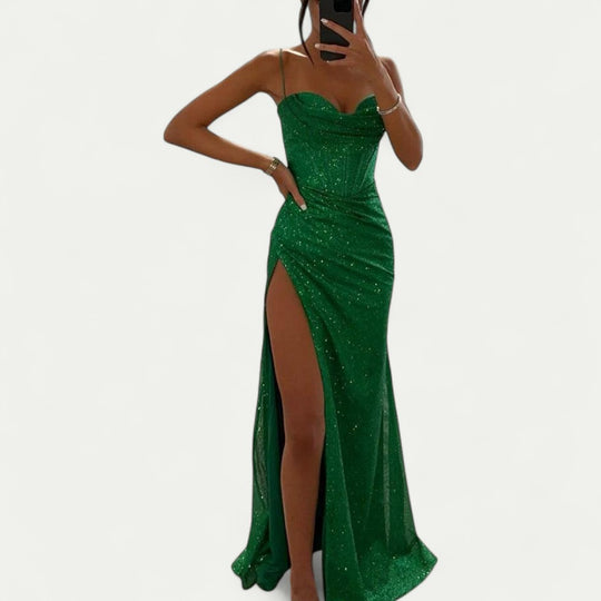 Glitter Corset Maxi Dress with Thigh High Split