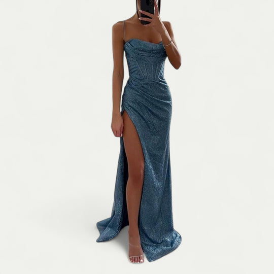Glitter Corset Maxi Dress with Thigh High Split