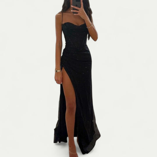 Glitter Corset Maxi Dress with Thigh High Split