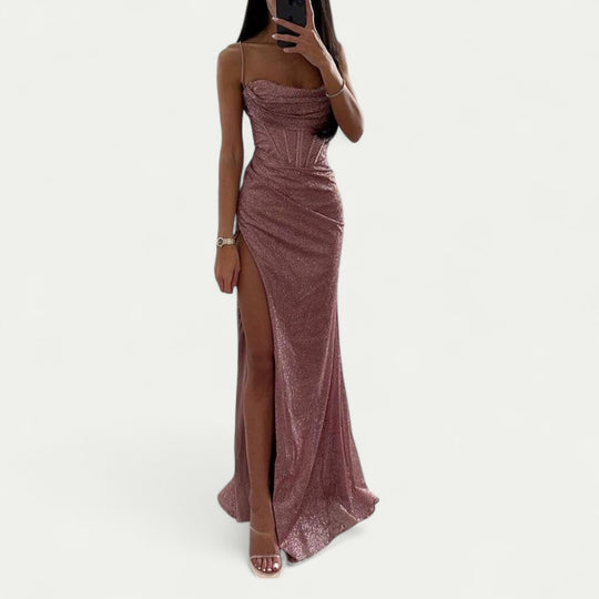 Glitter Corset Maxi Dress with Thigh High Split