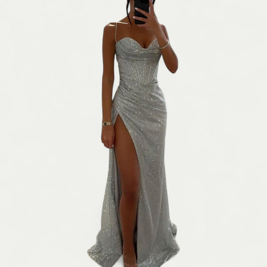 Glitter Corset Maxi Dress with Thigh High Split