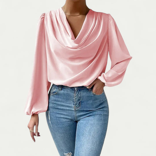 Women Loose Fit Chiffon V Neck Long Sleeve Blouse