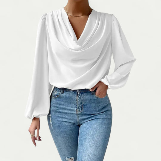 Women Loose Fit Chiffon V Neck Long Sleeve Blouse