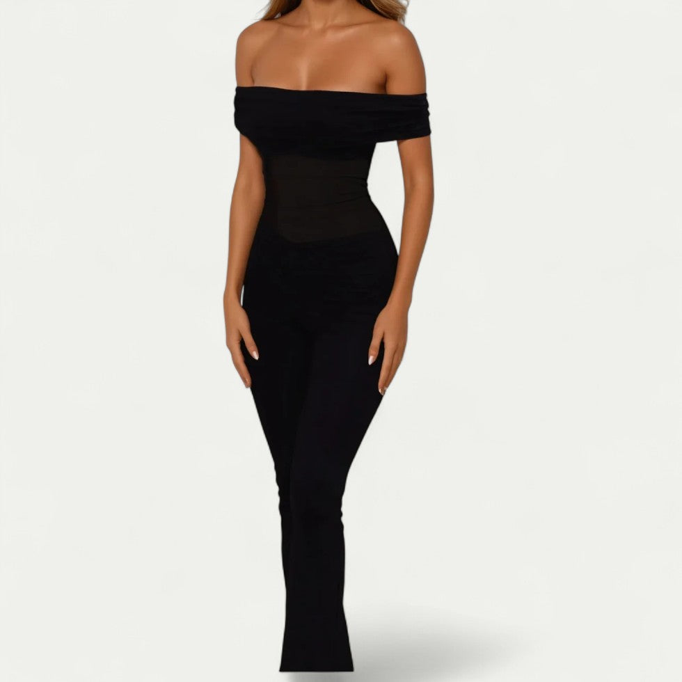 Off Shoulder Mesh Panel Jumpsuit for Evening Glamour
